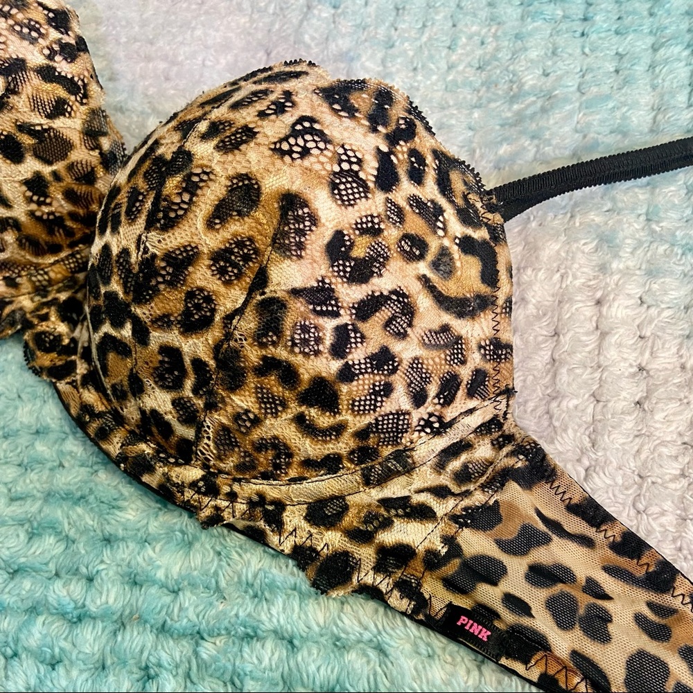 Victoria's Secret Pink Date Push Up Bra. Leopard print with lace design.